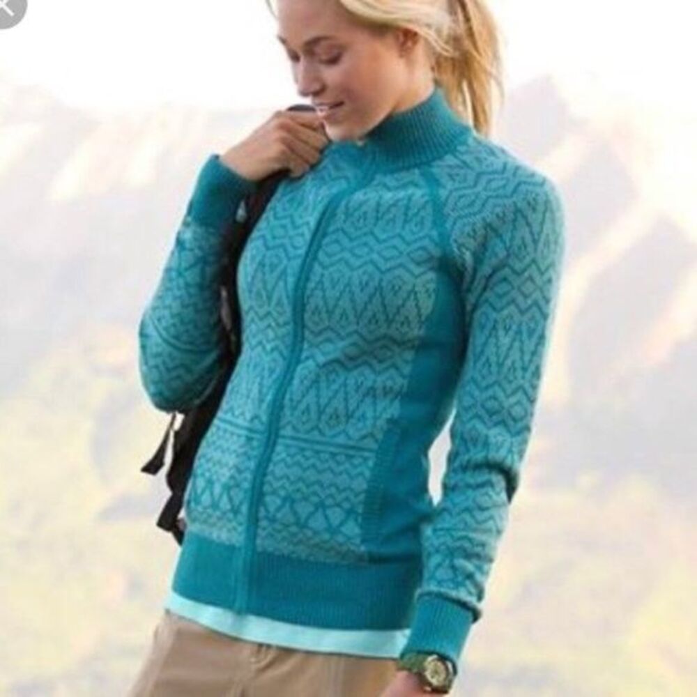 Athleta Full Zip Retro Ski Sweater w/Pockets | Women's Size M | Teal Blue